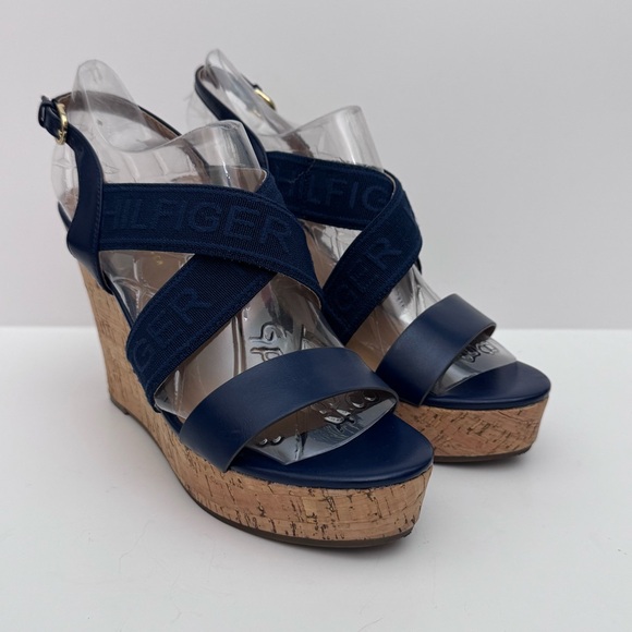 Tommy Hilfiger Shoes - Tommy Hilfiger Woman’s Wedge Sandals Size7.5 Navy Blue Cork Platform Logo Straps